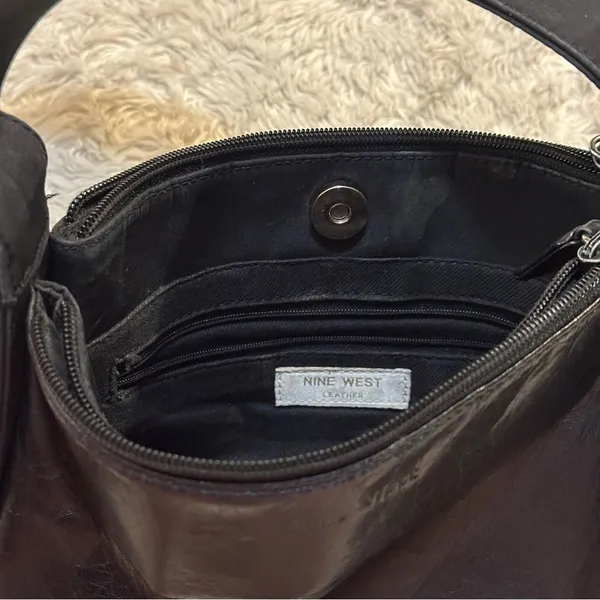 Vintage 90s Nine West Genuine Leather Black Shoulder Bag Silver Nylon - Image 11