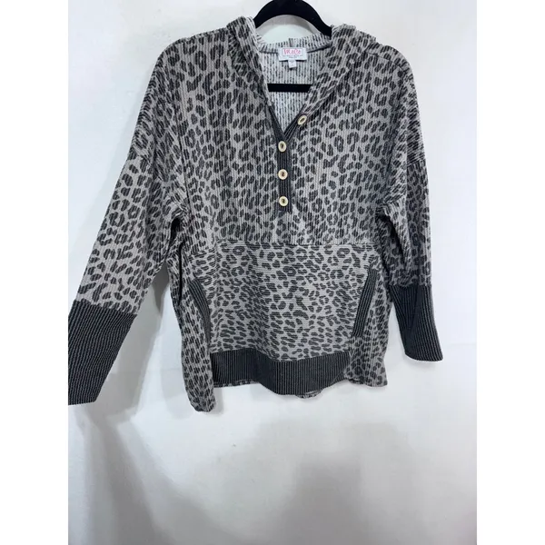 MoCo Boutique Women's S Gray Leopard Hoodie Sweatshirt Button Front Ribbed Trim‎ - Image 7