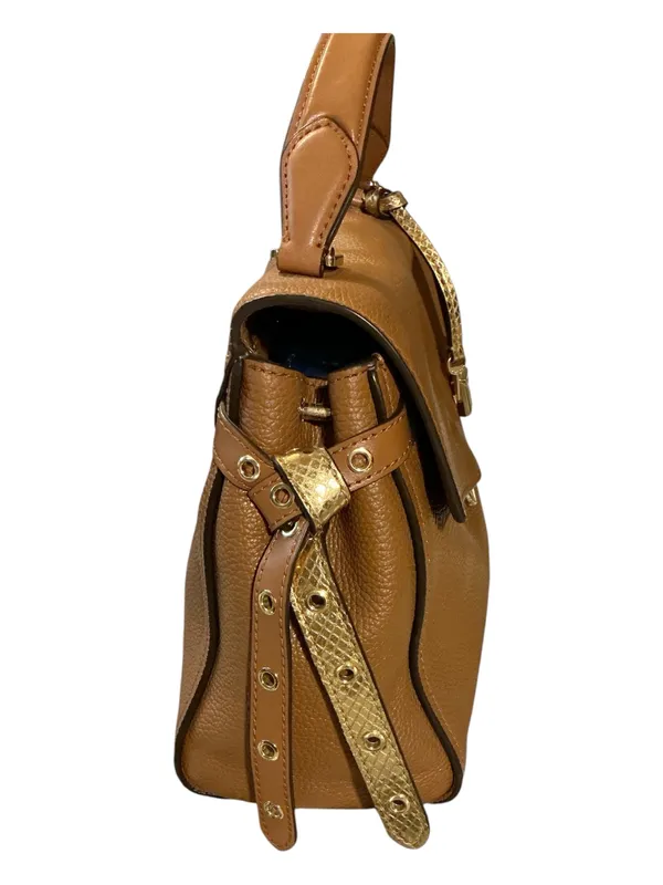Michael Kors Carine Medium Pebbled Leather Satchel – Cognac/Luggage with Snake-Embossed Trim - Image 4