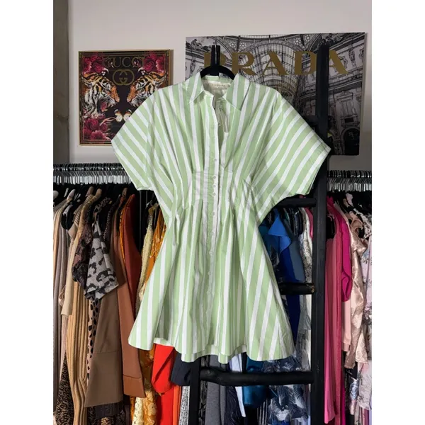 Exquise Tobie Green Striped Button Front Pleated Mini Shirtdress Medium New NWT - Image 5