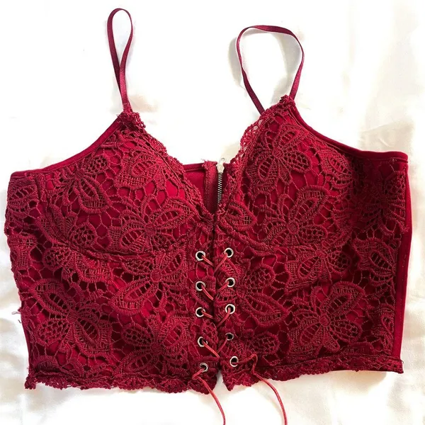 Red Lace Corset Crop Top – Zipper Back, Faux Leather Tie - Image 7