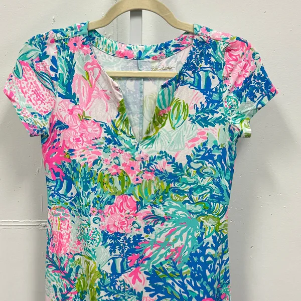 Lilly Pulitzer Tropical Reef Sea Life Print Split Neck Knit Shift Mini Dress XXS - Image 3