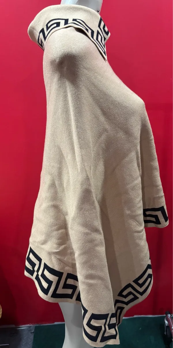 Women's Cream Knit Cape with Black Geometric Trim - Image 2