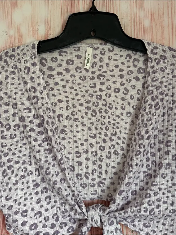 Halara White Tie-Front Short Sleeve Purple Leopard Print Cropped Lounge Top L - Image 2
