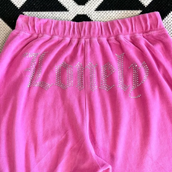 Lonely Ghost Y2K Pink Velour Rhinestone Wide Leg Tracksuit Pants Medium - Image 9