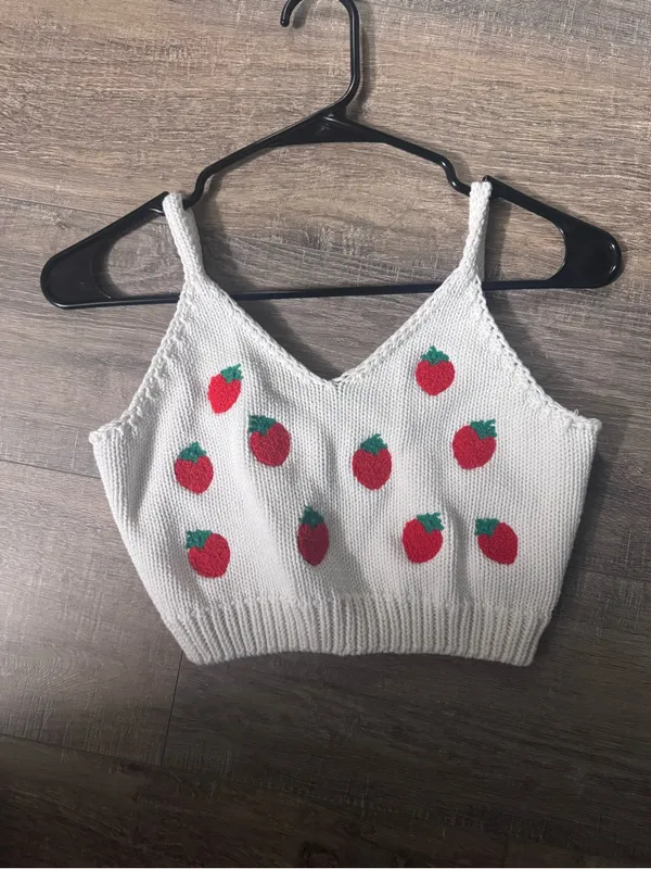 Cider • Knit Crop Top • Strawberries Print • Large - Image 2