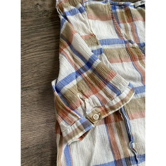 EUC Womens Madewell V‎ Neck Shoulder Ruffle Top In Plaid Short Sleeve Size L - Image 7