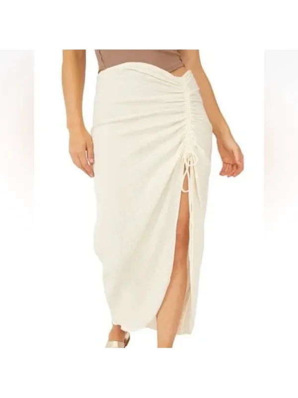 Free People Natural Cerine Ruched Midi Skirt Ivory Gauze Size 10 - Image 6