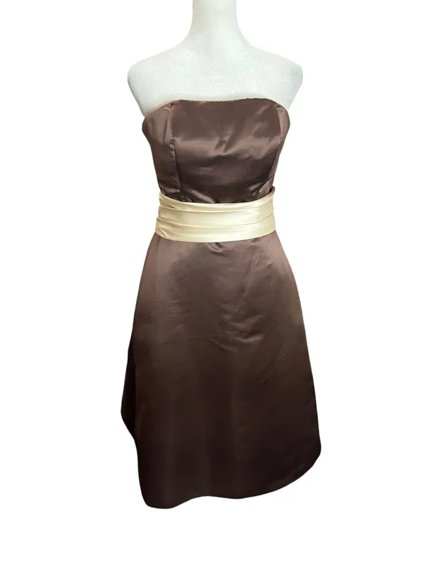 Bill Levkoff Chocolate Brown Satin Strapless Fit Flare Midi Dress Ivory Sash 6 - Image 2