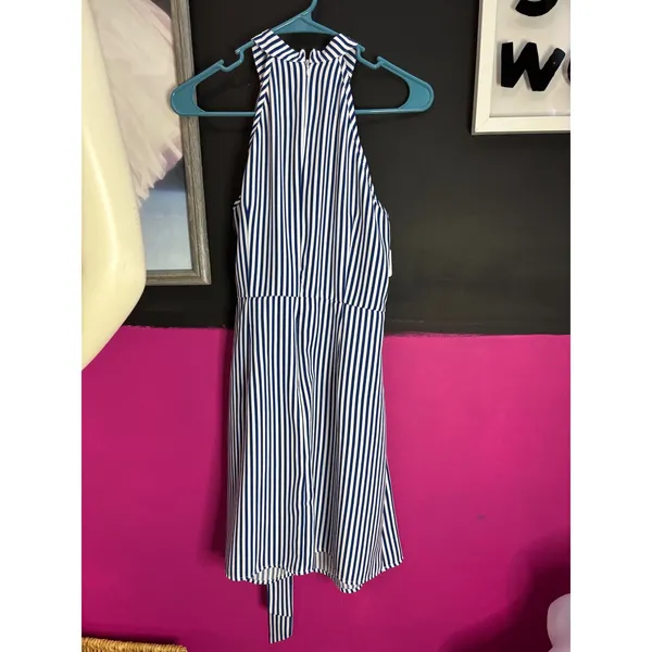 Blue and White Striped Halter Wrap Mini Dress Side Tie High Neck Nautical Summer - Image 3