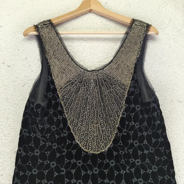 Free People Velvet Mini Dress Black‎ Floral Beaded Sleeves Size 6 Eyelet Flapper - Image 5
