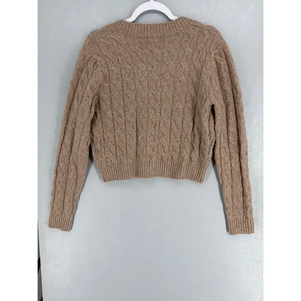 H&M Womens Cardigan Taupe Cable Knit Cropped Gold Button‎ Small - Image 3