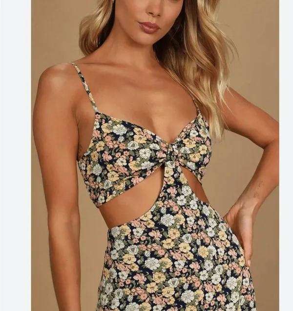 Lulus It's a Perfect Pick Navy Blue Floral Print Cutout Maxi Dress - Image 9