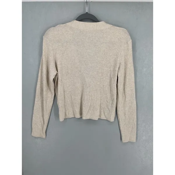 Uniqlo Women Cardigan Ribbed V-Neck Button Front Beige Small - Image 3