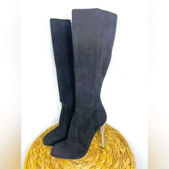 Bruno Magli long boot Suede black Platform tall Boots embellished silver heeled - Image 2