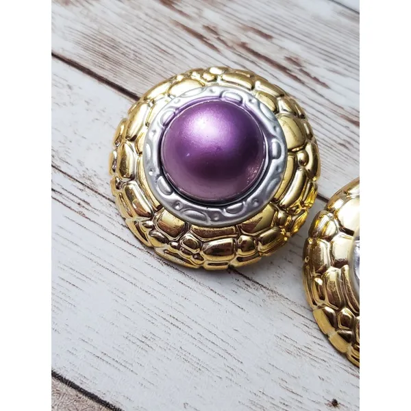 Vintage Clip On Earrings Large Statement Gold Tone, Silver Tone, Metallic Purple - Image 3