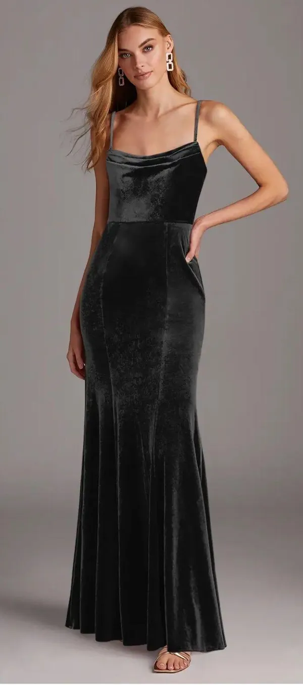 Azazie Black Velvet Floor Length Gown - Image 4