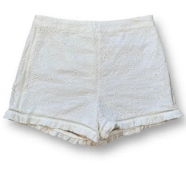 J.O.A Los‎ Angeles White Eyelet Lace Shorts High Waist Ruffle Hem Retro Feminine - Image 2