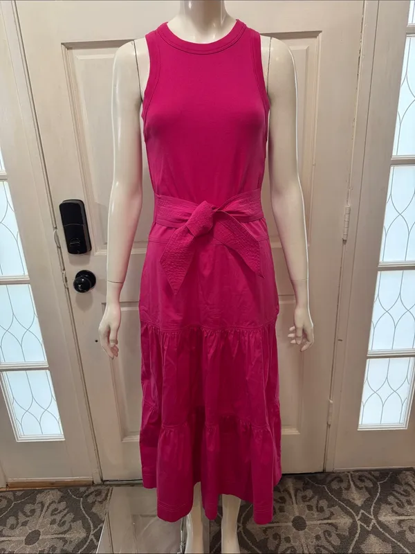 Veronica Beard AUSTYN Lg DkPink Tiered Pima Cotton Sleeveless Midi Dtess Sz S - Image 2