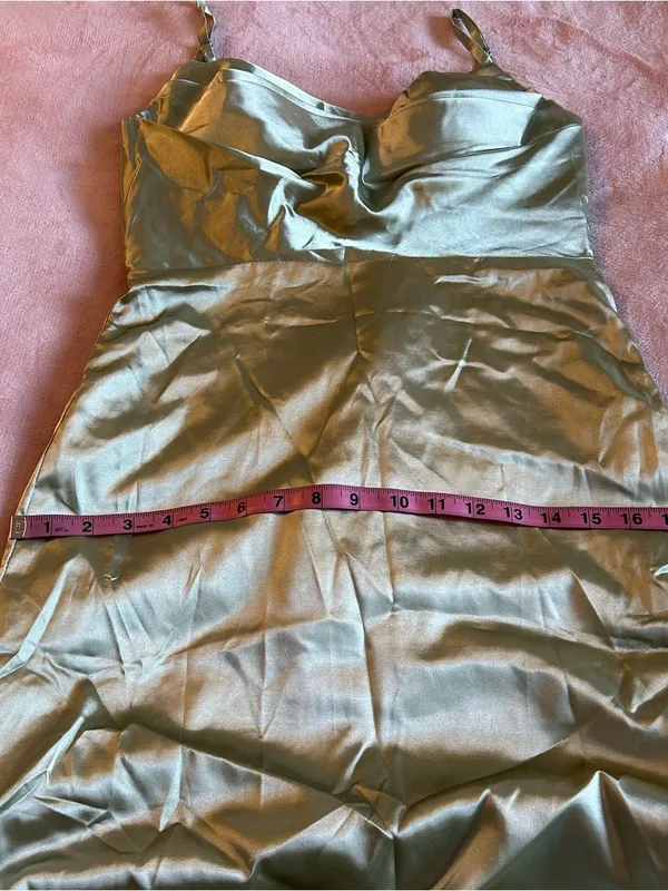 Light green satin spaghetti strap formal dress lace up back and side slits 0 - Image 9