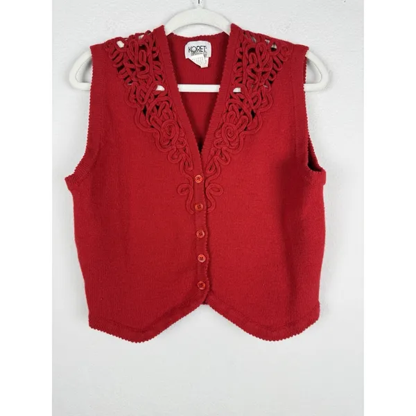 Koret Y2k Women's Medium Lambs Wool Sweater Vest Red‎ Preppy Academia Retro - Image 3