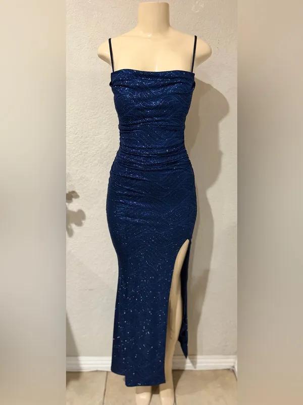 Windsor women’s dress Navy Sequin Spaghetti Strap Evening Gown size XS - Image 10