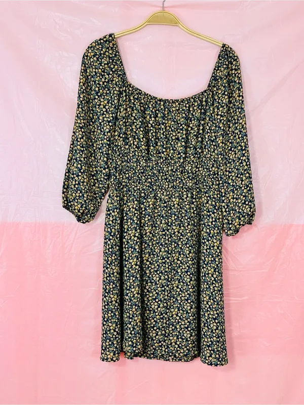 AUW Navy and Yellow Floral Square-Neck Midi Dress - Image 2