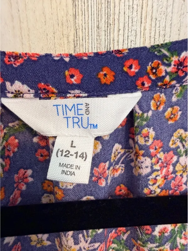 Time and Tru Floral Tiered Dress Women’s L 12-14 Long Sleeve Navy Boho - Image 6