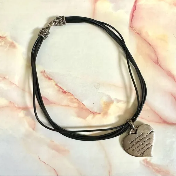 Silver tone double heart pendant necklace on black cord - Image 2