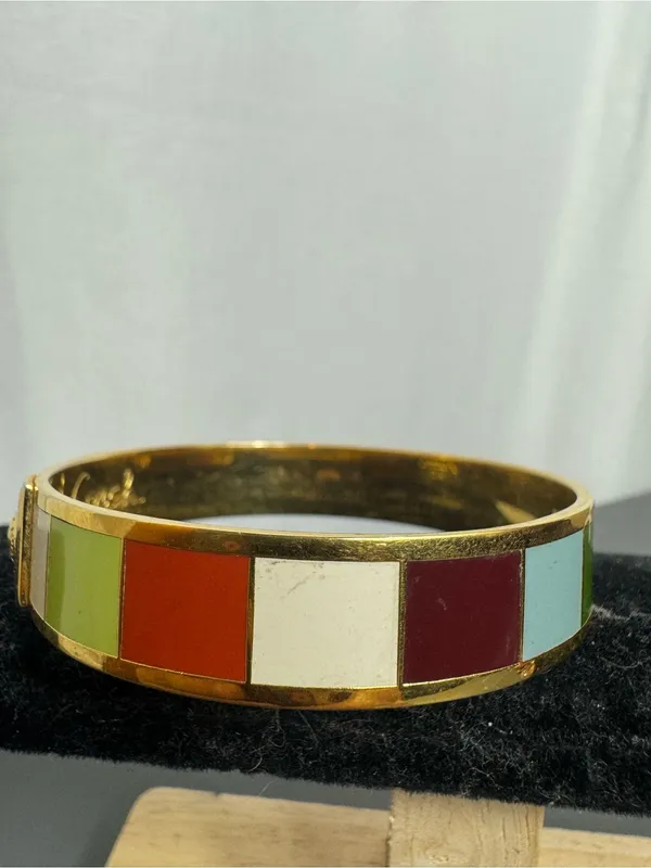 COACH Y2K Legacy Stripe Bangle 1/2" Wide Bracelet Gold Tone Multicolor 7.5" - Image 4