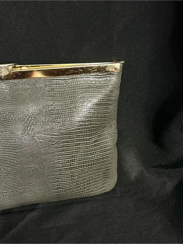 Vintage Textured Grey Clutch with Gold Frame - Image 3