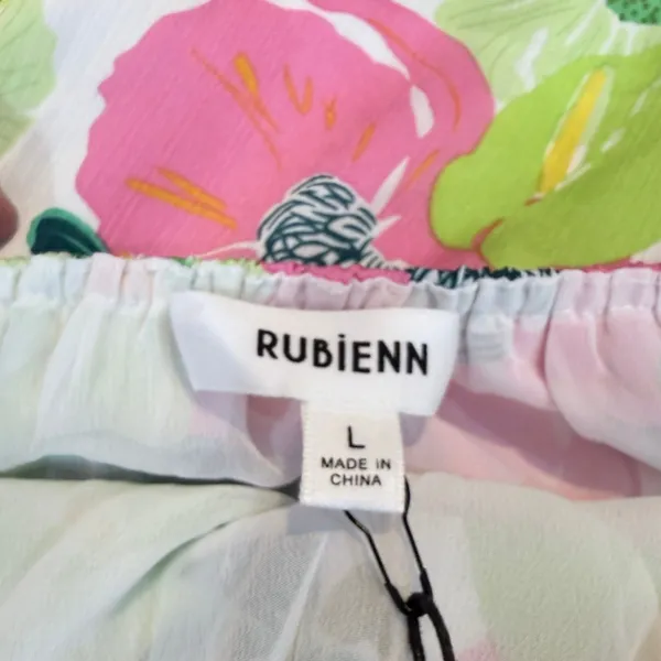 NWT Rubienn Maxi Dress L Pink Lime Green Floral Low Back Tiered Lace Trim Resort - Image 8