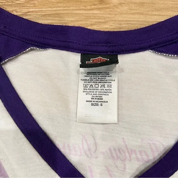 Harley Davidson White and Purple Short Sleeve V Neck Shirt Women’s Small - Image 3