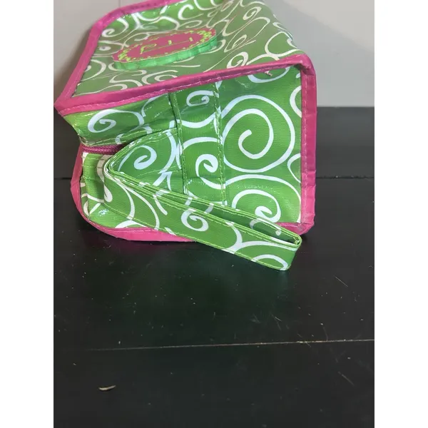 Monogram F Green Pink Swirl Cosmetic Makeup Bag Travel Organizer 10” 4” - Image 3