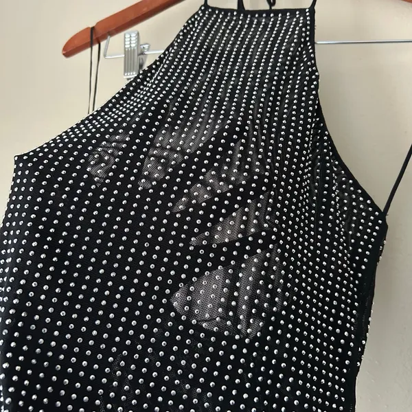 Zara Black Mesh Silver Studded Halter Crop Top Size Small - Image 8