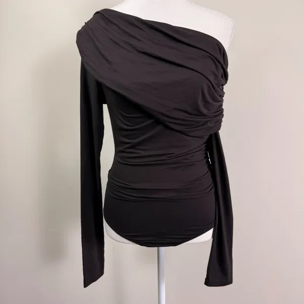 Agolde Kira Bodysuit Black Brown Ruched One Shoulder Long Sleeve Modal Top XS - Image 2