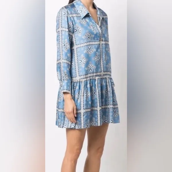 Sandro Blue Paisley Long Sleeve Collared Chloe Silk Mini Dress **Size 40/US 8** - Image 3