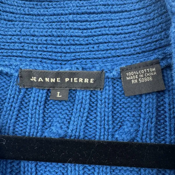 Jeanne Pierre Cable Knit Sweater Women L Blue 100% Cotton V Neck Preppy Coastal - Image 5