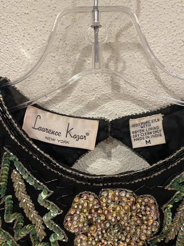 Laurence Kazar Dress Womens Medium Black Vintage Sequin Beaded Floral Silk Party - Image 3
