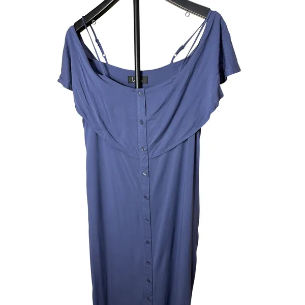 Lulus Slate Blue Off the Shoulder Ruffle Button Down Maxi Dress Medium - Image 3