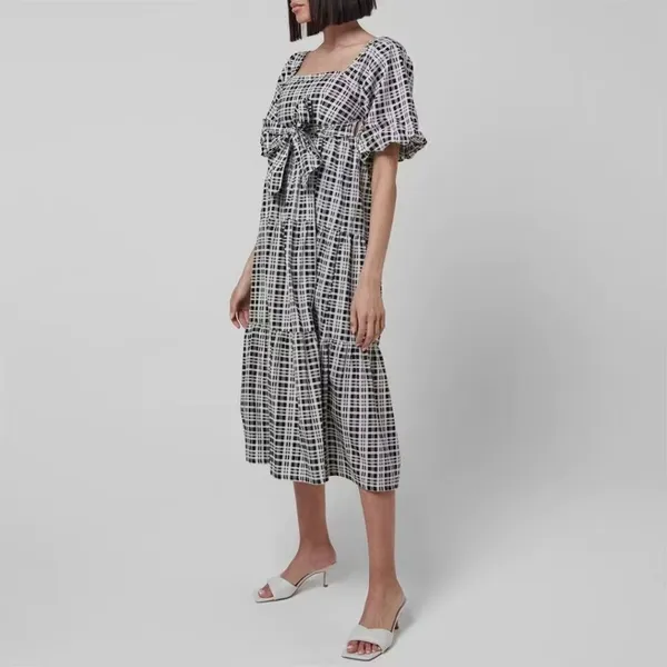 Faithfull the Brand Kiona Checker Print Puff Sleeve Midi Dress Black White M NWT - Image 7