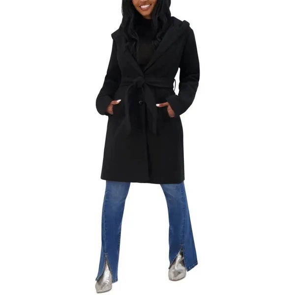 Steve Madden Black Hooded Long Pea-coat Button-Front Coat Small - Image 11