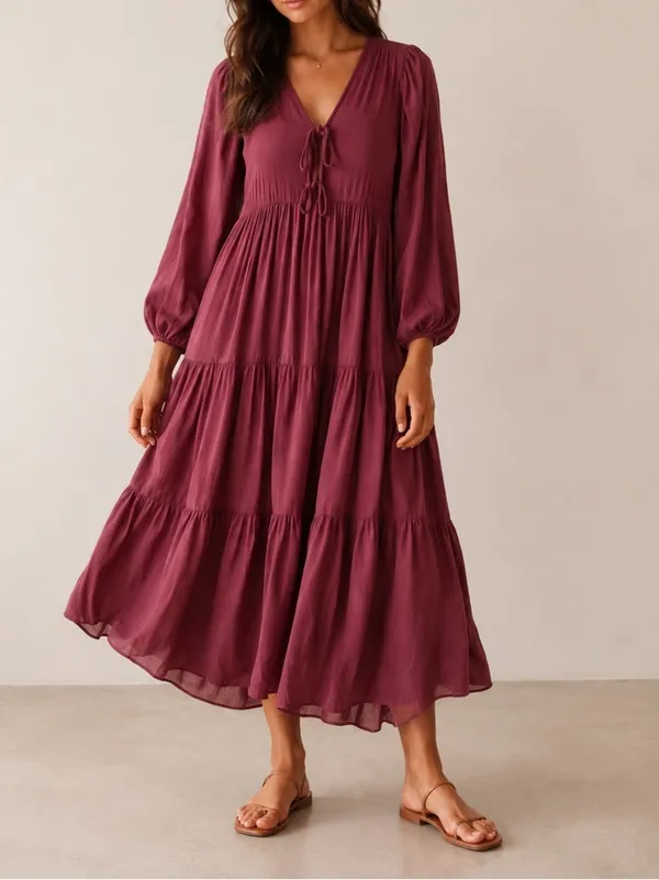 Young Fabulous & Broke Mauve Tiered Boho V Neck Midi Dress XS - Image 9