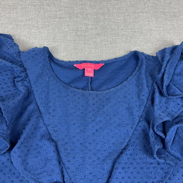 Lilly Pulitzer Dress Womens Medium Blue Polka Dot Ruffle 3/4 Sleeve Shift Knit - Image 3