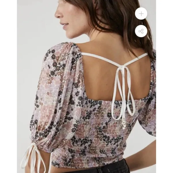 Free People Back On Top Crop Smocked‎ Shirt Blouse Puff Sleeve Size S - Image 2