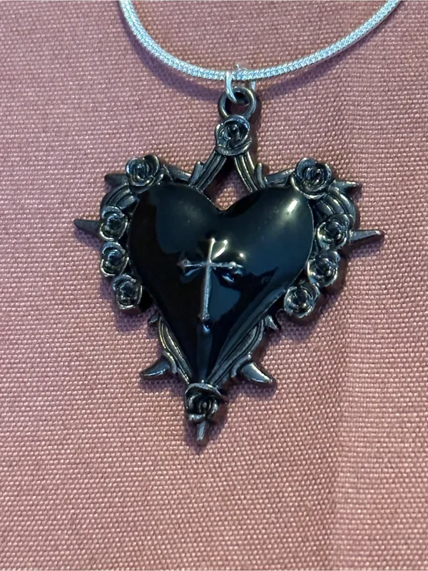 Sterling Silver 925 Heart Pendant Necklace with Black Stone - Image 2