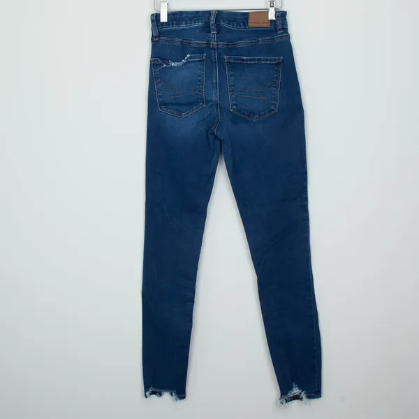 American Eagle Super Hi-Rise Skinny‎ Jeans Womens 2 Blue Distressed Frayed Hem - Image 5