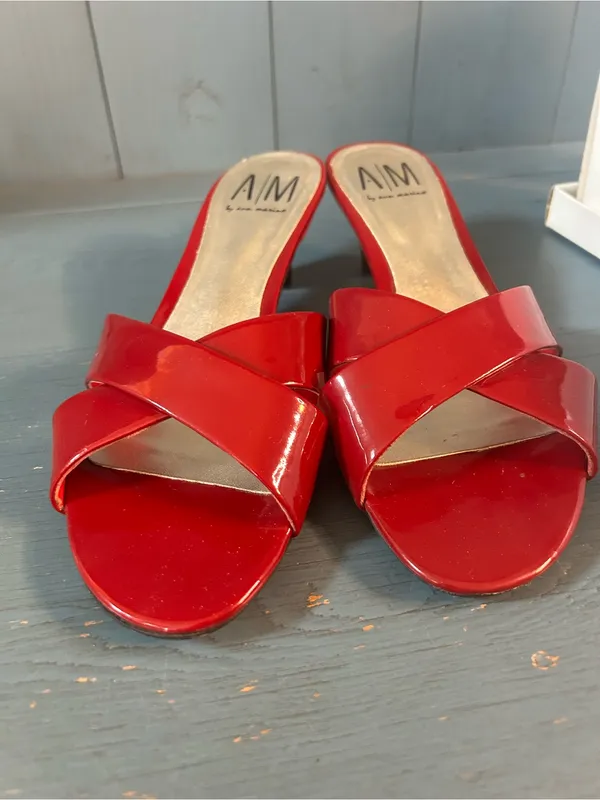 A/M by Eva Martino Red Patent Leather Crisscross Low Heel Mules | Size 9.5 - Image 2
