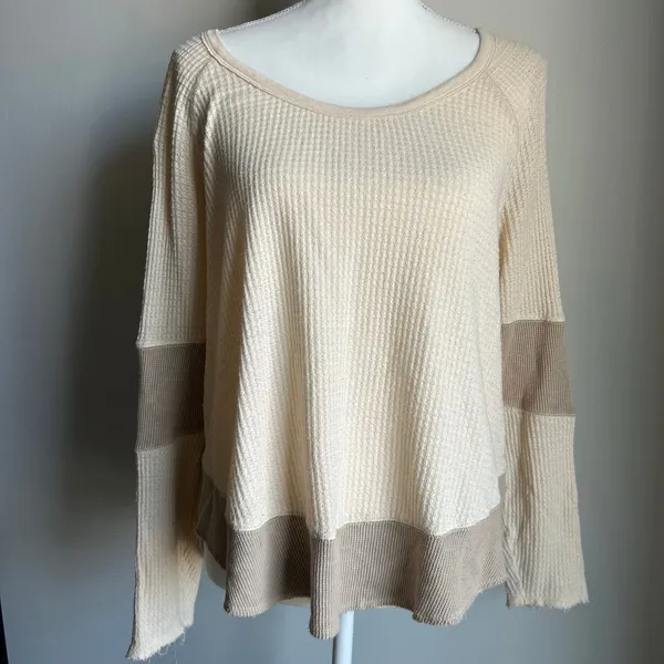 FP One Cream and Brown Boho Colorblock Thermal Ribbed Blouse Size M - Image 2