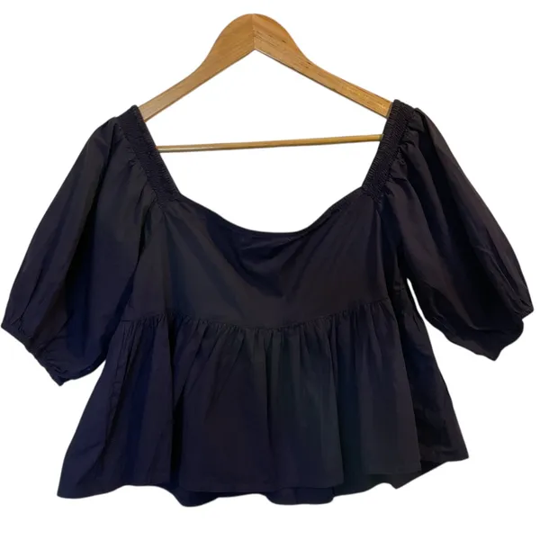 FREE PEOPLE Navy Blue Cotton Off Shoulder Ruffle Crop Top Peasant Blouse - Sz XS - Image 6